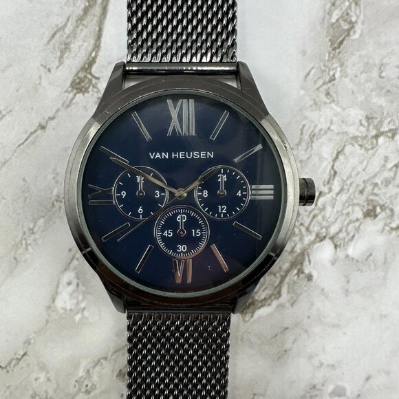 Van Heusen Watch Men Gunmetal Tone Blue Dial 44MM Mesh Band New Battery 10" - Picture 3 of 14